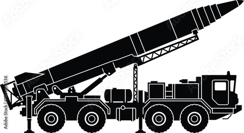 Heavy mobile ballistic missile launcher silhouette featuring long range strategic projectile elevated on multi axle transport erector vehicle.