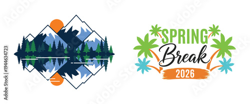 A vibrant design showcasing mountains a reflective lake and celebratory spring break typography high quality