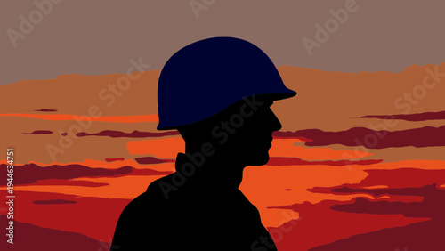 Silhouette of a Soldier Against a Sunset illustration