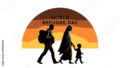 World Refugee Day Silhouette Family Walking Toward Sunset illustration
