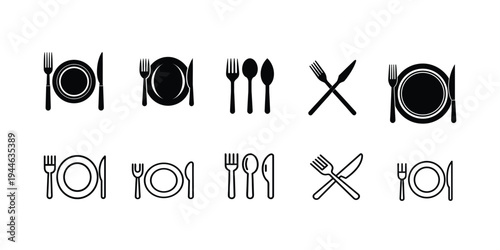 Restaurant cutlery and dining silhouette and line icon set featuring plate fork and knife for food service and more vector illustration or editable stroke