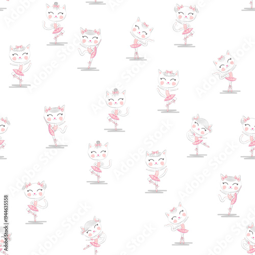 Cute ballerina cat dancing ballet in pink tutu seamless pattern