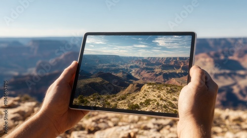 Tablet displaying canyon landscape held by human hands outdoors