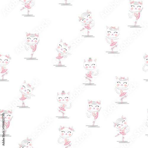 Cute ballerina cat dancing ballet in pink tutu seamless pattern