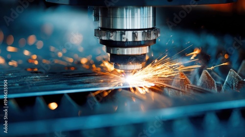 Industrial laser cutting metal plate with bright sparks close up view