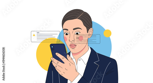 Young man looking concentrated at his smartphone screen while receiving multiple alert notification messages vector.