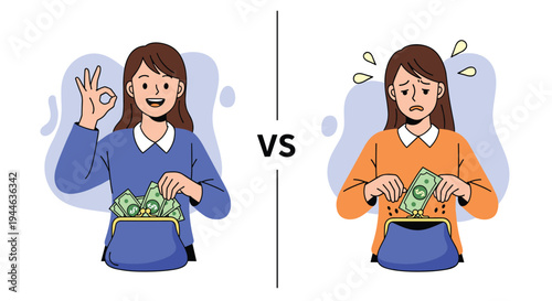 Financial comparison showing a happy woman with a full purse versus a sad woman with an empty purse illustration.