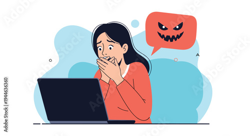 Worried woman looking at her laptop screen with shock as a red monster face message bubble appears behind her.