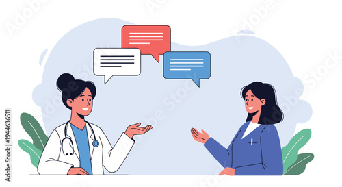 Two female medical professionals in white coats having a conversation with blank speech bubbles between them vector.
