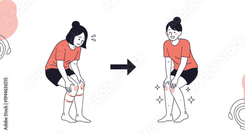 Before and after comparison of a person knees showing skin healing results from red irritation to healthy state.