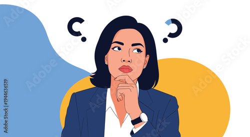 Businesswoman looking up thoughtfully with her hand on her chin and question marks floating around her head illustration.