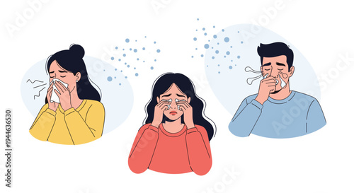 Group of people suffering from various allergy symptoms like sneezing, itchy eyes, and runny nose from particles.
