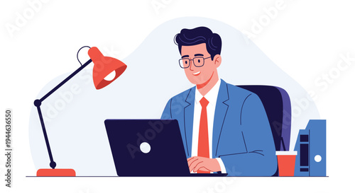 Successful young businessman wearing glasses and a suit works diligently on his laptop at a tidy desk with a lamp and coffee.
