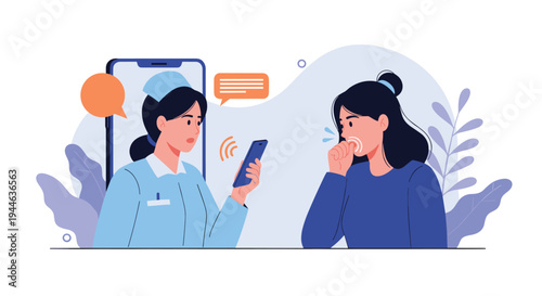 Sick woman suffering from a cough consults with a nurse through a video call on her smartphone for medical advice and support.