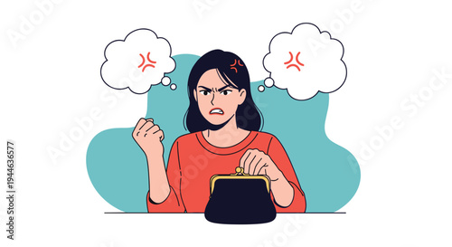 Angry young woman expresses frustration as she discovers her coin purse is empty with no money left for her daily expenses.