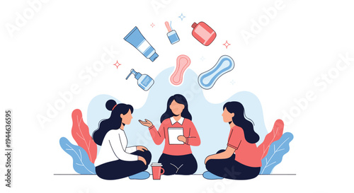 Three female friends sit together on the floor and engage in an open conversation about feminine hygiene products and self care.