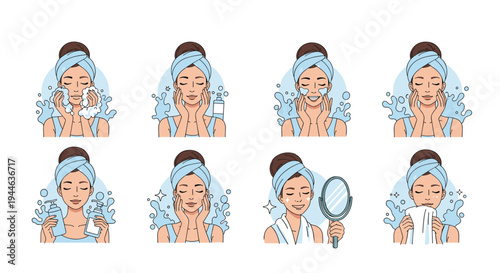 Step-by-step skincare guide showing a young woman washing her face with foam and rinsing with water for a clean and healthy skin.