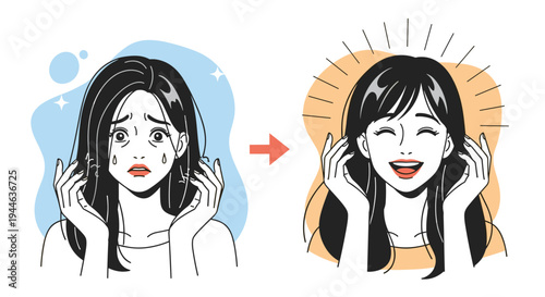 Before and after comparison of a woman showing the transformation from dry and damaged hair to beautiful, shiny, and healthy hair.