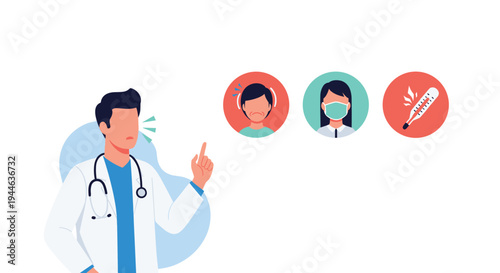 Male doctor in a white coat points towards icons representing symptoms like headache, coughing with a mask, and high fever.