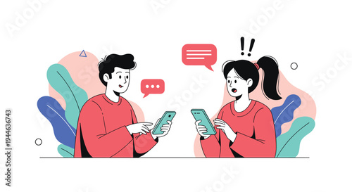 Young man and woman stand together and enjoy a lively conversation while looking at their smartphones with surprised expressions.