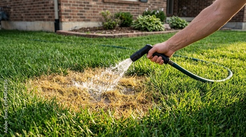 Watering a patch of dry grass in green lawn with a hose, a helpful image for summer drought and irrigation content.