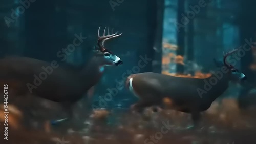 Majestic deer in motion, darting through autumnal woods, a tranquil and ethereal wilderness adventure unfolds