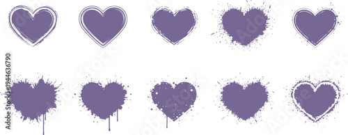 Purple grunge heart set illustration, spray paint love symbols collection, romantic valentine texture design isolated background