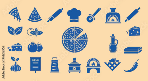 Pizza Making Icons: Ingredients, Tools, and Oven - Blue on Beige