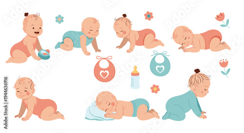 Collection of cute baby illustrations showing various activities like crawling and sleeping along with essential baby accessories.