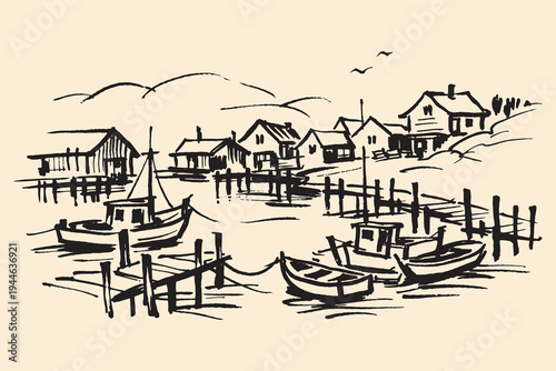 Fishing village harbor ink sketch vector illustration