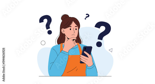 Puzzled woman in an apron looks at her smartphone and touches her chin while feeling confused by information or a message.
