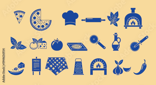 Pizza Making Icons Set: Ingredients, Tools, Oven & Chef Hat - Food Vector