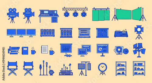 Pixel Art Media Production Studio Equipment Icons Set