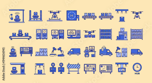 Warehouse Automation Icons: Robots, Drones, Conveyors, Trucks, Boxes
