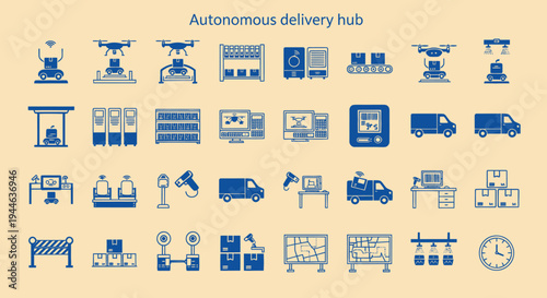 Autonomous Delivery Hub Icons: Drones, Robots, Trucks, Logistics, Warehouse Technology