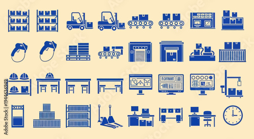 Warehouse and Logistics Icons: Forklifts, Shelving, Conveyors, and Office Equipment