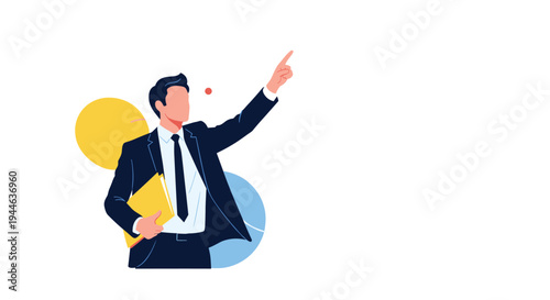 Confident businessman in a formal suit stands and points upwards with determination while holding a yellow folder for a meeting.