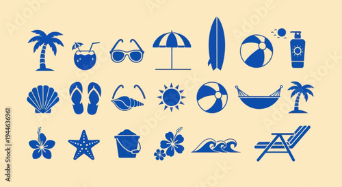 Summer Beach Vacation Icons Collection - Blue on Beige Background