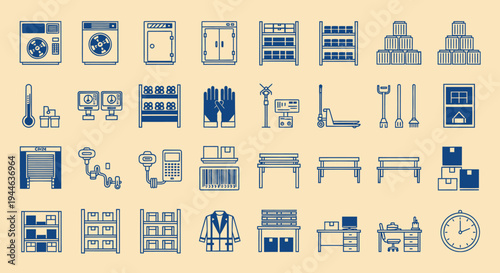 Warehouse Icons Set: Logistics, Storage, Inventory, Delivery, Safety, Equipment