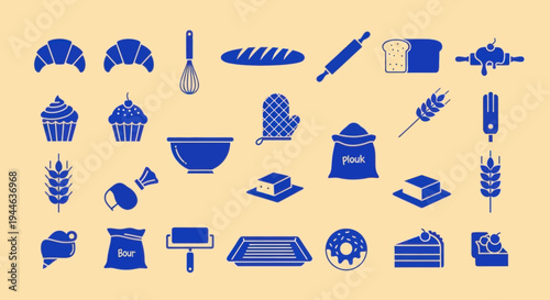 Baking Icons: Croissants, Bread, Cupcakes, Doughnuts, Tools, Ingredients