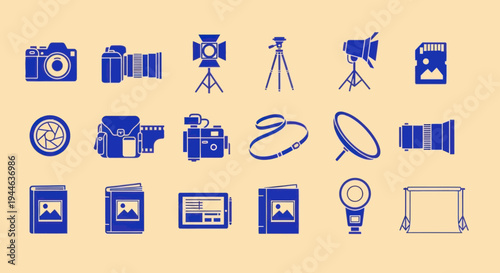 Photography Equipment Icons Set: Cameras, Lenses, Lighting, Tripod, Memory Card, Album