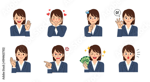 Comprehensive set of various facial expressions and hand gestures of a professional businesswoman for different communication needs.