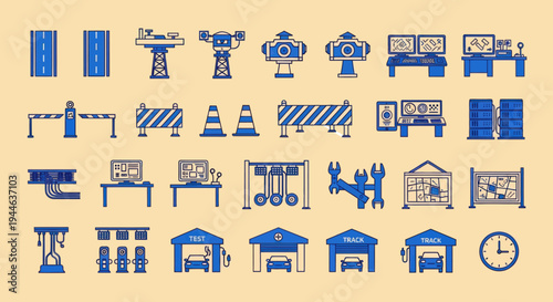 Automotive Service and Technology Icons - Blue Pixel Art on Beige Background