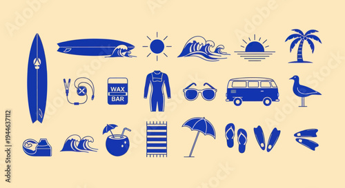 Summer Beach Vacation Icons: Surfboard, Van, Palm Tree, Waves, Sun, Cocktail