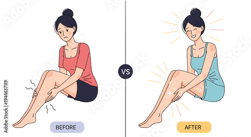 Before and after comparison of female legs showing the transition from dry and itchy skin to smooth, glowing, and healthy skin.