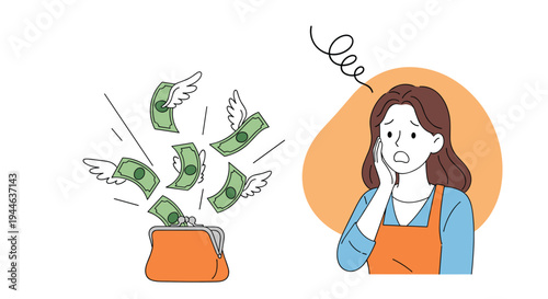 Worried woman in an apron watches as her money with wings flies away from her open purse, representing high expenses and loss.