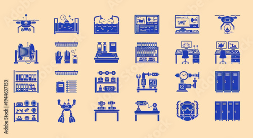 Modern Technology and Science Icons: Robotics, Drones, Labs, and Control Rooms