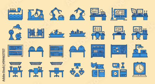 Industrial Automation Icons: Robotics, Manufacturing, Technology, and Office Setup