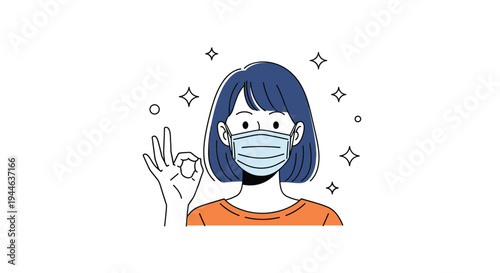 Young woman wearing a surgical mask for protection gives an okay sign while surrounded by bright sparkles and a clean background.