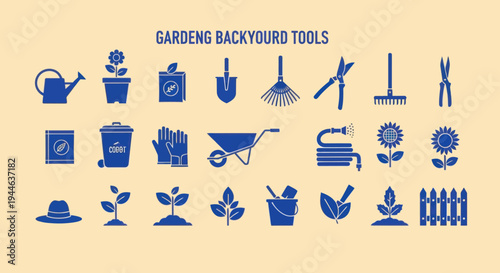 Gardening Tools and Supplies Icons Set - Vector Illustration, Flat Design